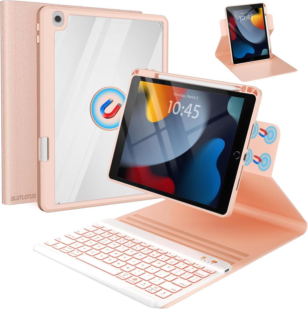 Keyboard Case for iPad 9th/8th/7th Generation-10.2 inch 2021/2020/2019, iPad Pro 10.5-inch, iPad Air 3 Gen Case with Backlit Keyboard, 360 Rotatable Detachable Folio with Pencil Holder (Pink)