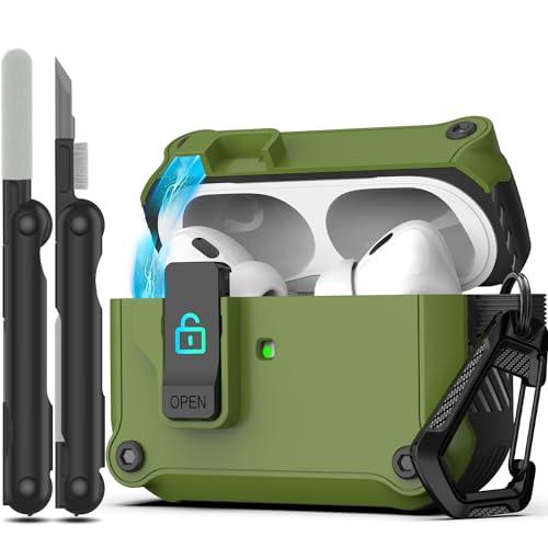 RFUNGUANGO for Pro 2nd/1st Generation Case Cover with Secure Lock Clip,Automatic Pop-up Case Full-Body Shockproof Hard Protective Cover for Pro 2 Case(2023/2022/2019)-Olive Green