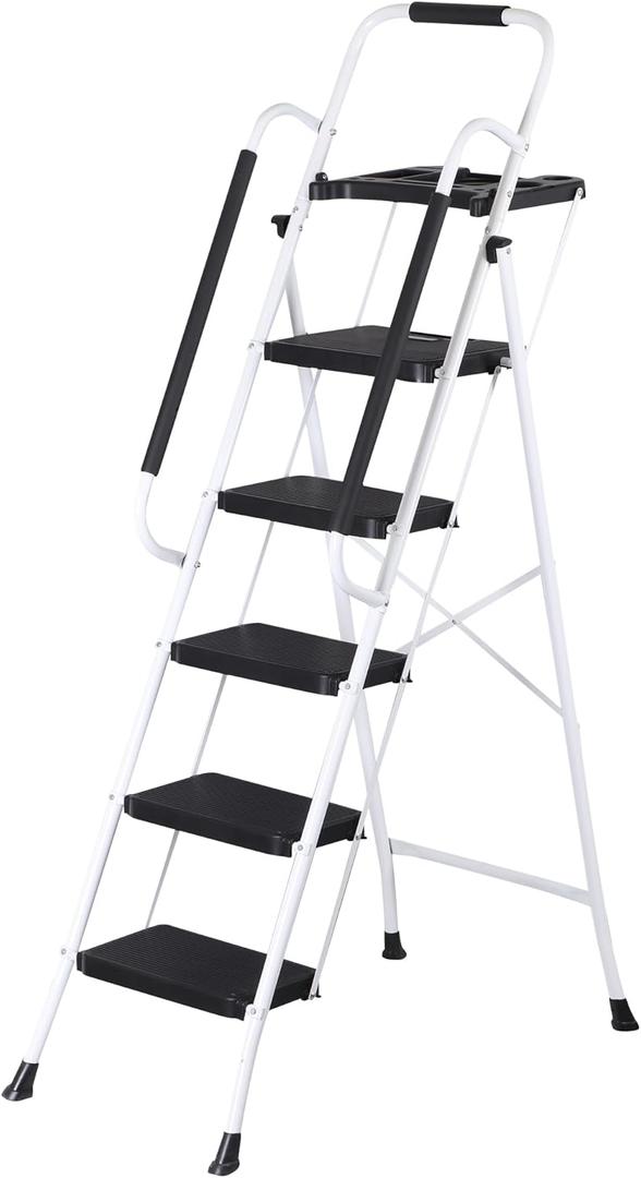 Smartxchoices 5 Step Ladder with Handrails and Tool Tray, Folding Step Stool with Wide Anti-Slip Pedal, Heavy Duty Steel Step Ladder for Home Kitchen Office Shop, 330 lbs Load Capacity, White