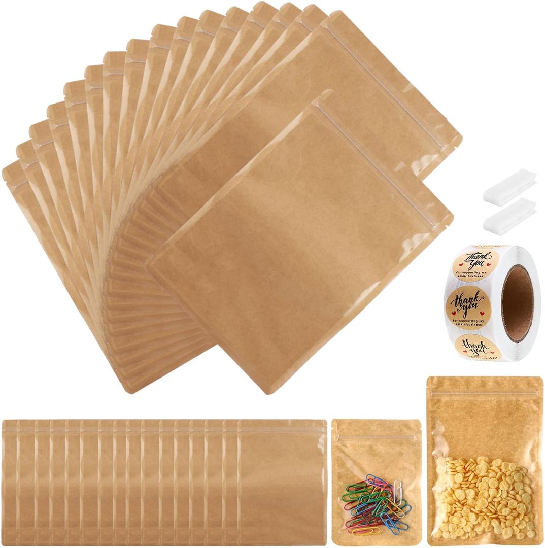 200-pack Kraft Mylar Bags with Clear Window 6" x 9" Resealable Foil Pouches for Food Storage Smell Proof Edible Packaging Bag for Cookies Jewelry Small Business Shipping Bags