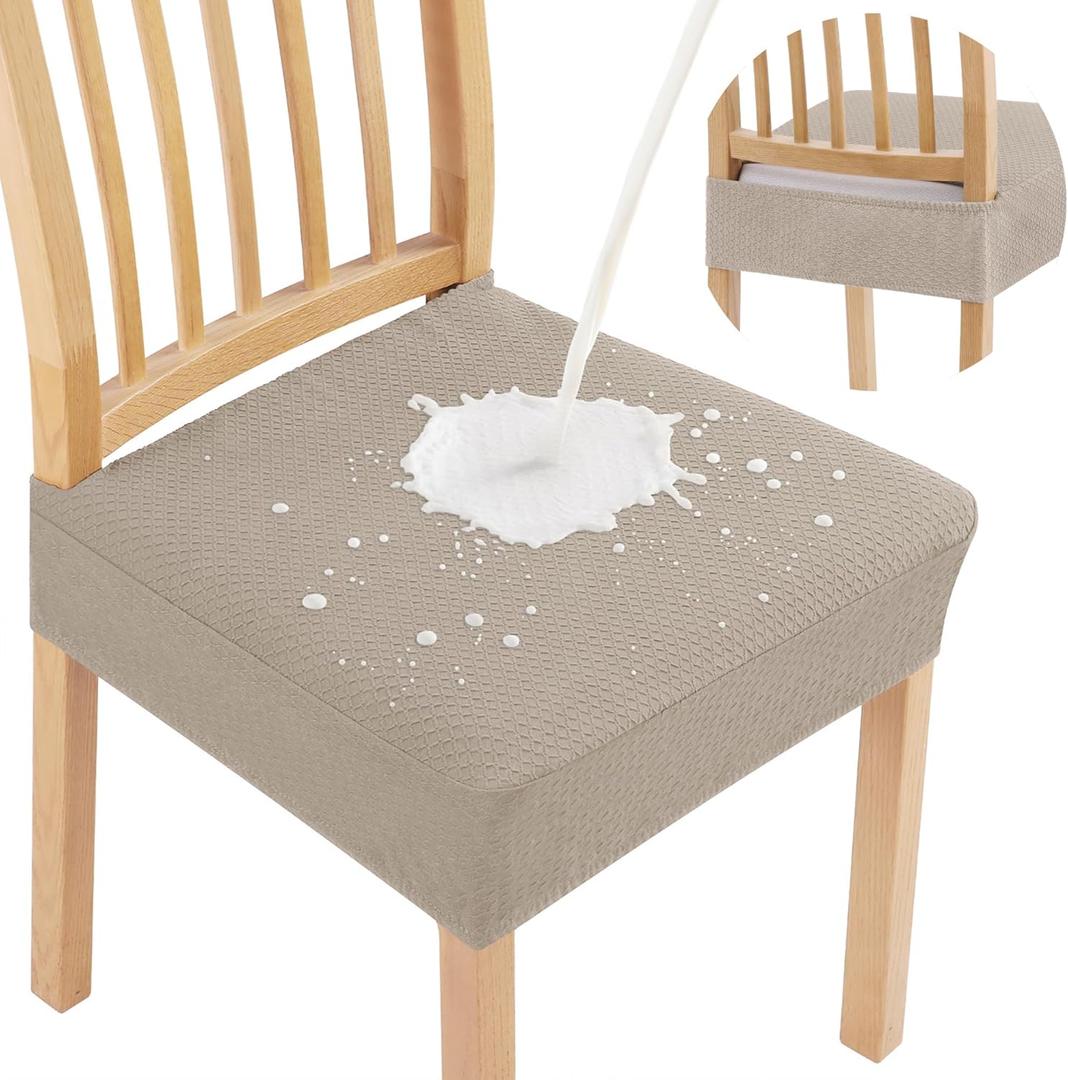 Smiry Waterproof Seat Covers for Dining Room Chairs Set of 4, Stretch Jacquard Removable Washable Chair Seat Slipcovers Protector, No Rear Covers, Taupe