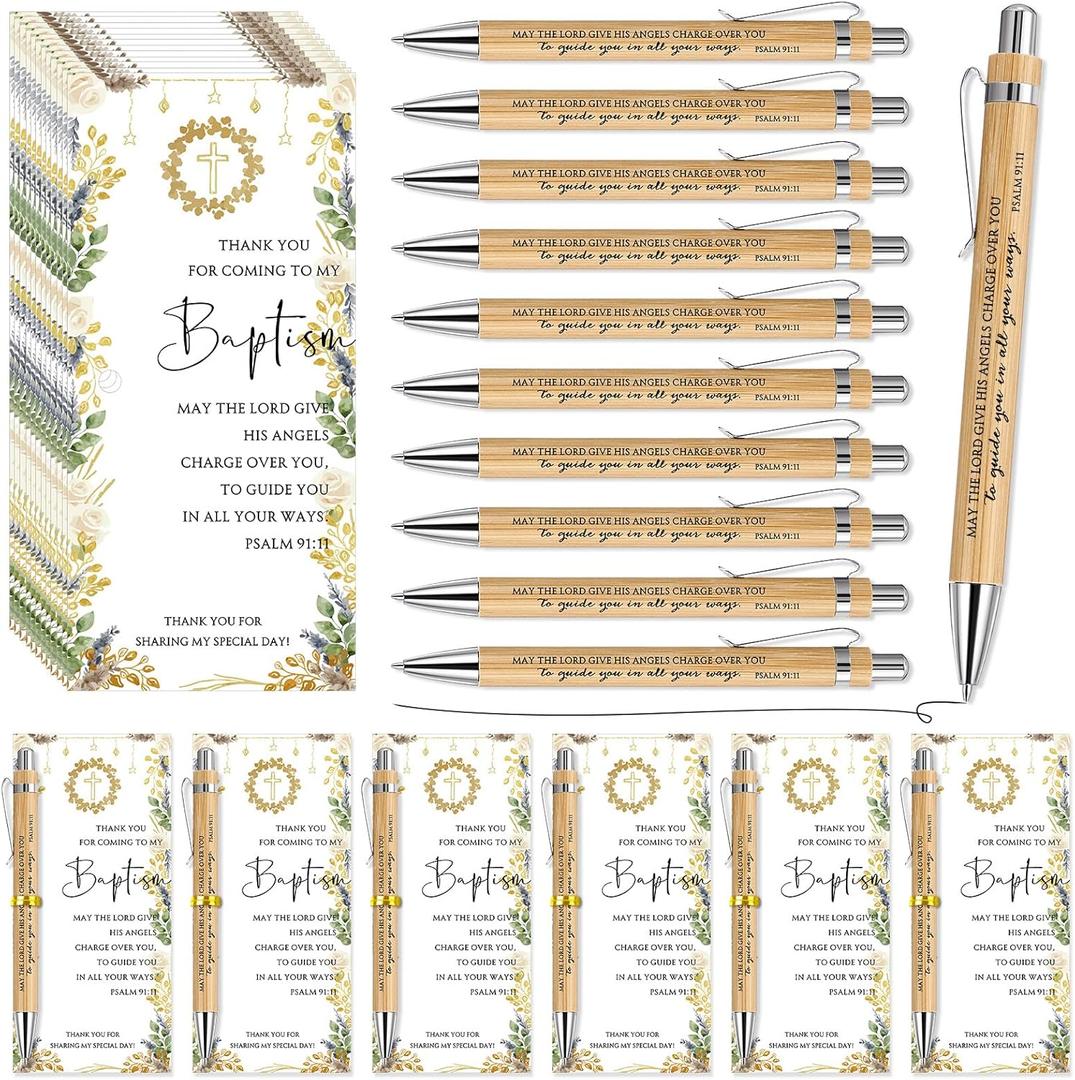 25 Sets Baptism Favors for Guests 25 Baptism Quote Bamboo Pens 25 Cross Baptism Thank You Cards Baptism Souvenir for Guests First Communion Party Favors Christian Gift
