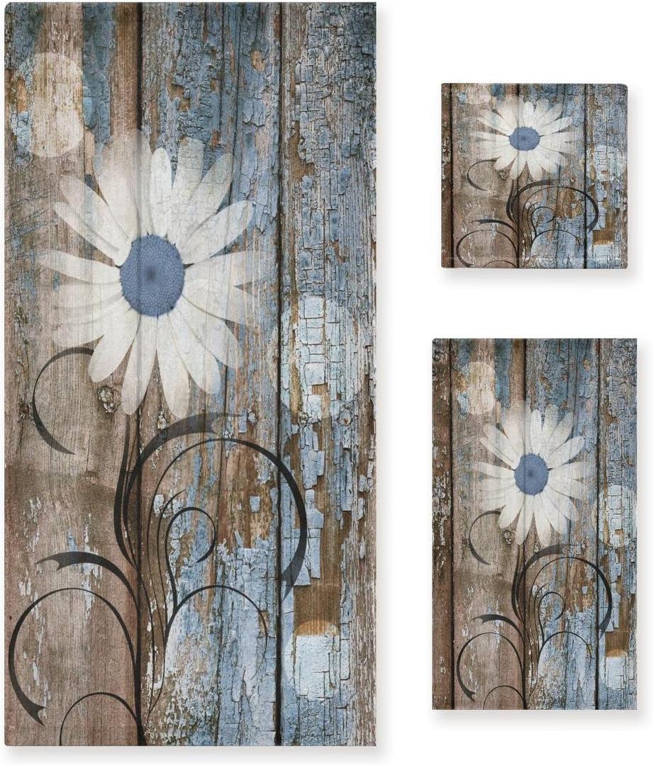 Rustic Daisy Bath Towels Set Blue Brown Floral Farmhouse Spring Country 3 Piece Bathroom Towel Set(1 Luxury Bath Towel 1 Hand Towel 1 Washcloth) Soft Absorbent Decorative Kitchen Shower Towel