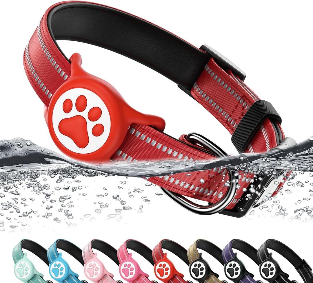 Airtag Dog Collar, Reflective Ultra-Durable Nylon Padded with QR Buckle & IP68 Waterproof Air Tag Holder Compatible for Apple AirTag, Comfortable for Dogs (Red, XS)