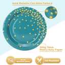 Blue Green Gold Paper Plates and Napkins 200Pack-100 x 7''Dessert Plates & 100 x 6.5''Napkins,Disposable Gold Dots Paper Plate for Father's Day,Independence Day,Birthday,Picnics