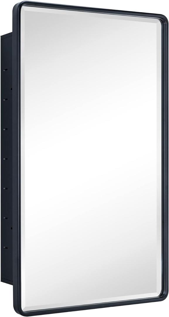 TEHOME Farmhouse Matt Black Recessed Bathroom Medicine Cabinet with Mirror Rounded Rectangle Metal Framed Medicine Cabinet with Beveled Mirror 20x30''