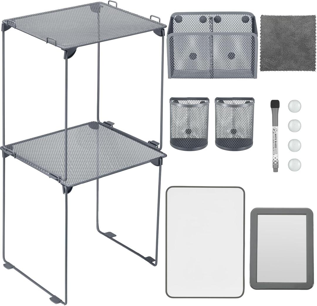 Ctosree 13 Pcs Locker Organizer and Accessories Kit Stackable Mesh Locker Shelf, Pen Holder, Magnetic Mirror, Whiteboard, Cloth, Marker, Magnet for Classroom Back to School Essentials(Gray)