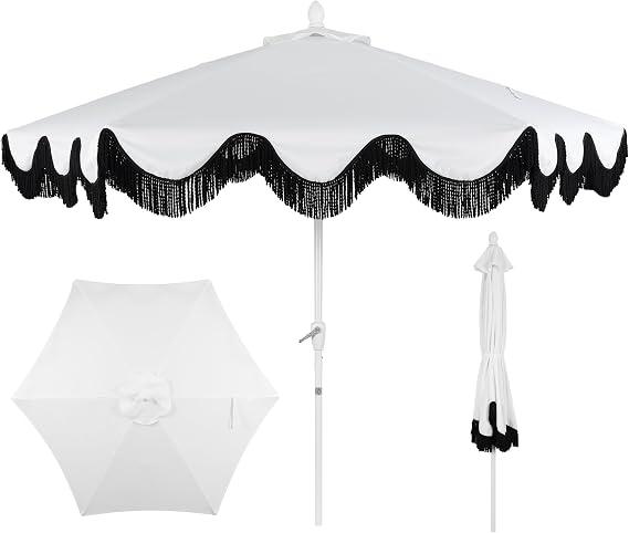 JONATHAN Y UMB1001 Collins 9 ft. Classic Cottage Tassel Market Patio Umbrella with Auto-Tilt, Crank, Wind Vent and UV Protection