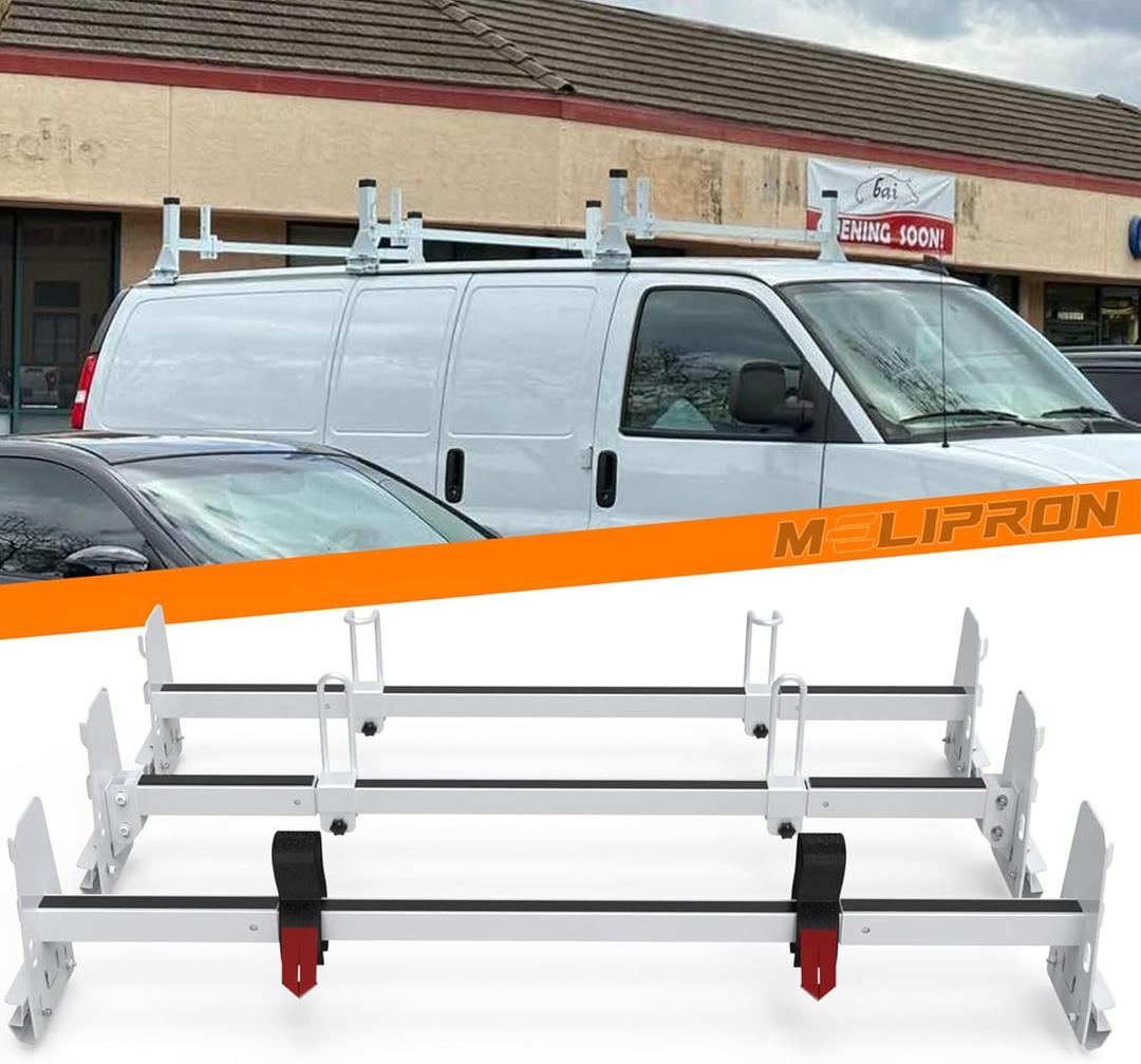 MELIPRON 850 lbs Van Roof Ladder Rack Fit for Chevy Express 1500 2500 3500, for 19962025 Cargo Vans with Rain Gutters, No Drill, Heavy Duty for Commercial Use