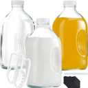 Glass Milk Jugs Containers - Half Gallon Juice Bottles with Airtight Screw Cap and Handle for Milk, Breastmilk, Iced Tea, Cold Water, 64OZ Pitcher Set of 3