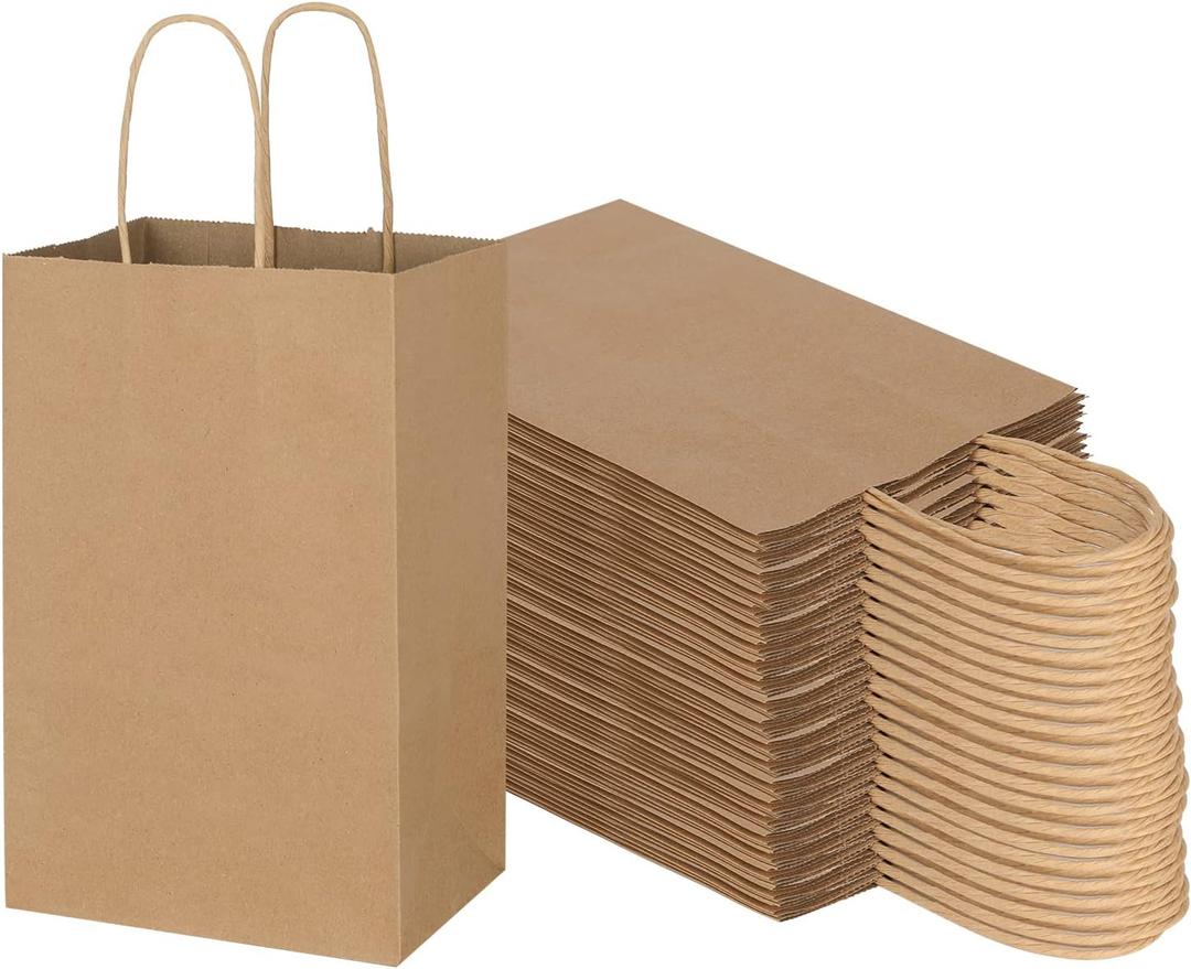 Toovip 100 Pack 5.25x3.25x8.25 Inch Small Plain Brown Kraft Paper Bags with Handles Bulk, Gift Bags for Favor Grocery Retail Party Birthday Shopping Business Goody Craft Merchandise Take Out Sacks