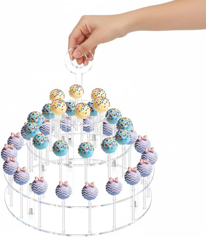 3 Tier Acrylic Lollipop Stand with Handle, 36-Hole Clear Cake Pop Holder with 100 Sticks, 100 Wrappers, 100 Gold Twist Ties, Candy Dessert Display Rack for Weddings, Birthday Parties, Baby Showers