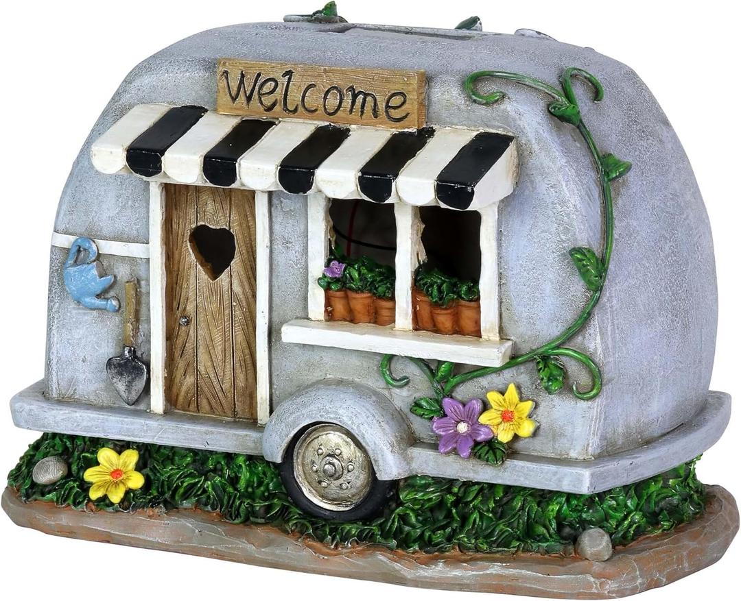 Exhart Garden Sculpture, Solar Camping Trailer with Welcome Sign Garden Statue, LED Lights, Outdoor Garden Decoration, 5 x 8.5 x 6 Inch