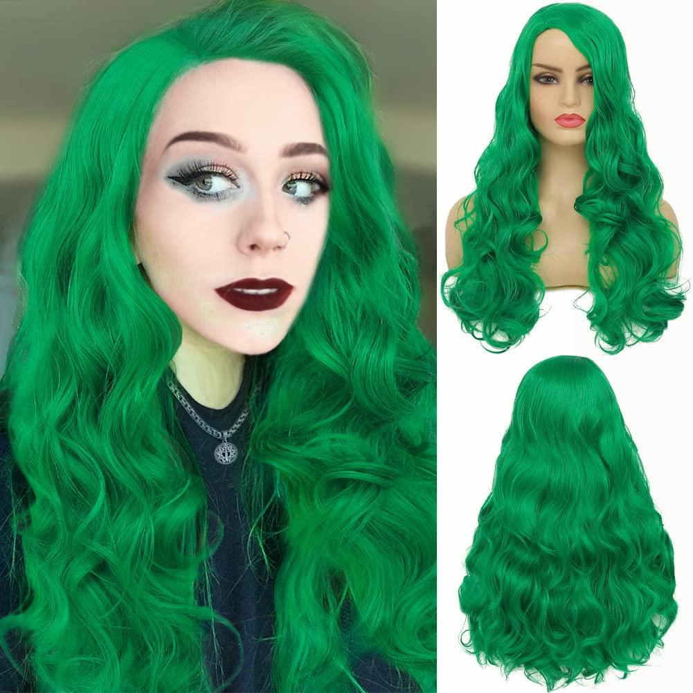 Kaneles Long Curly Green Wig for Women Wavy Side Part Hair Natural Looking Synthetic Heat Resistant Cosplay Party Replacement WigGreen