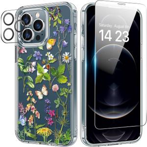 bicol for iPhone 12 Pro Case with Screen Protector and Camera Lens Protector - Fashionable Flower Floral Designs for Women Girls - Shockproof Acrylic Clear Phone Cover 6.1" - Butterfly Flowers