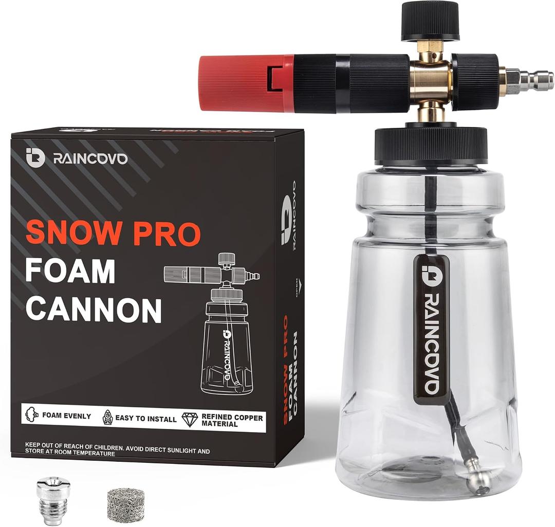 Raincovo Foam Cannon Wide Mouth for Pressure Washer, Thick Snow Foam Lance for Car Wash, Adjustable Soap Cannon with 1/4 Inch Quick Connector, Additional 1.1mm Orifice Nozzle