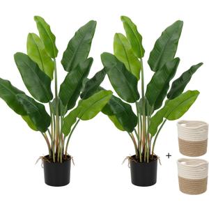 Hollyone 2pcs Large Artificial Bird of Paradise Plant in Pot, 30" Fake Palm Tropical Ferns Potted Plants, 2.6ft Faux Plantain Banana Leaf Plant for Indoor Outdoor Home Garden Decoration