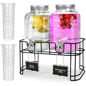 1 Gallon Glass Drink Dispensers For Parties 2PACK.Beverage Dispenser,Glass Drink Dispenser With Stand And Stainless Steel Spigot 100% Leakproof.Lemonade Dispenser With Ice Cylinder.Laundry Detergent (1 Gallon Double With Stand)