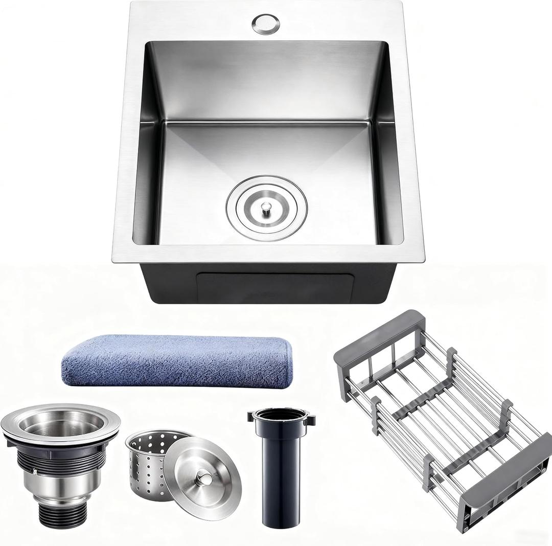 15 Inch Drop In Bar Sink, 15x15 Inch Topmount RV Small Kitchen Sink, 16 Gauge Handmade 304 Stainless Steel Bar Sinks, Outdoor Single Bowl Sinks with Strainer, Towel, Telescopic Basket