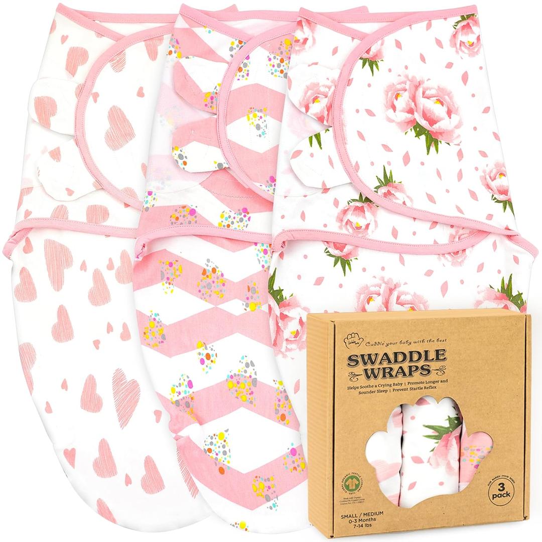 Bublo Baby Newborn Swaddle Blanket for 0-3 Month, Swaddles for Newborns Baby Girls Boys, 100% Organic Cotton Nursery Swaddling Blankets, Adjustable Sleep Sack for Babies (3-Pack) (Pink Floral)