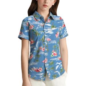 SSLR Big Girls Hawaiian Shirt Beach Tropical Summer Casual Short Sleeve Button Down Shirt, S