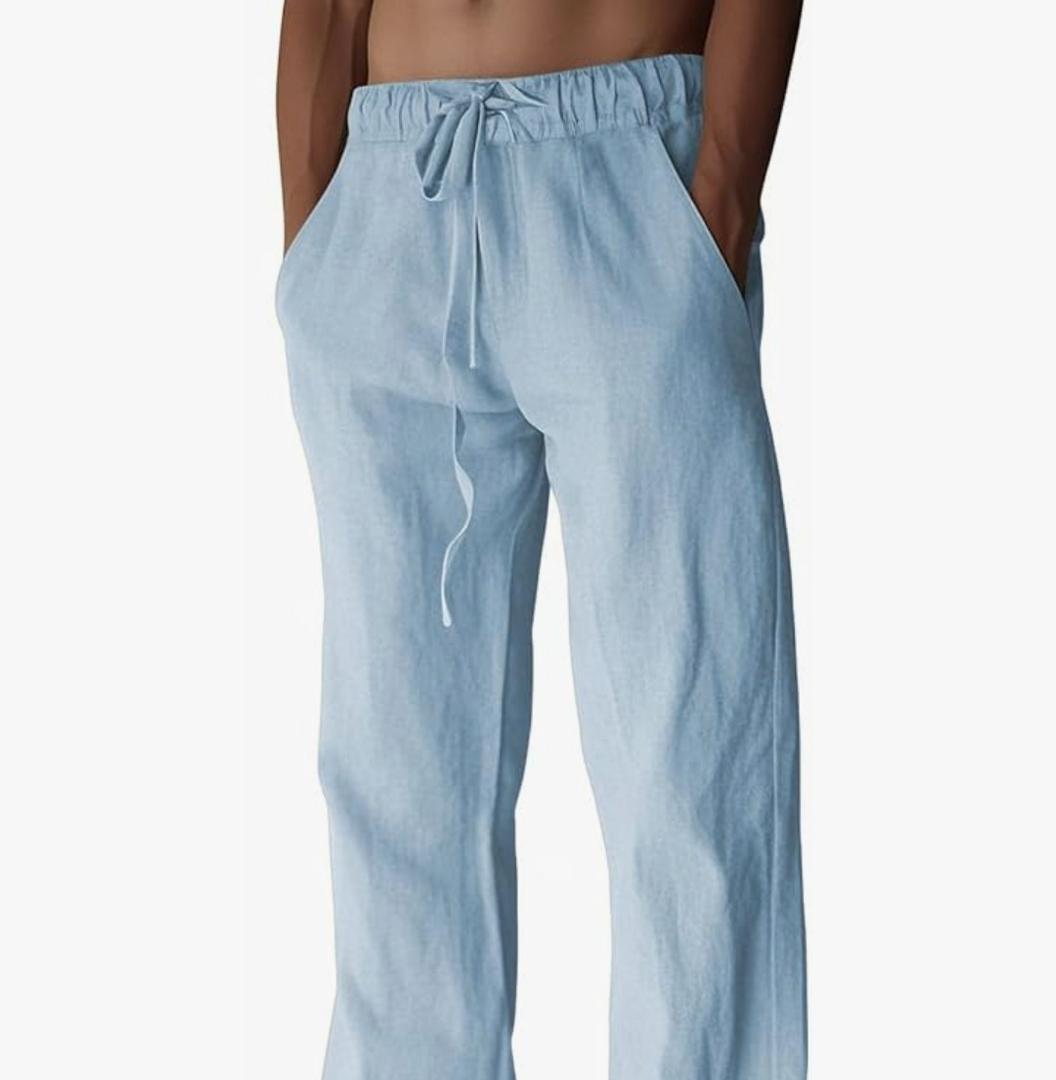 PIDOGYM Mens Cotton Linen Pants, Summer Beach Pants Casual Loose Fit with Elastic Waist Drawstring XL