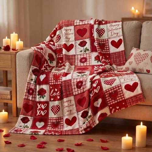 Horaldaily Valentine Flannel Blanket Throw, Plaid Love Hearts Roses Soft Fuzzy Plush Cozy Fleece Blankets for Couch Sofa Bed Lounging, Ideal Gifts for Kids Adults Wife Self, 50x60