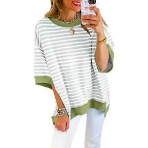 SHEWIN Shirts for Women 2026 Loose Short Sleeve Sweatshirt Cute Womens Summer Tops Dressy Casual Crewneck Color Block Tee Shirt Trendy Spring Outfits, Mist Green Stripe, XL