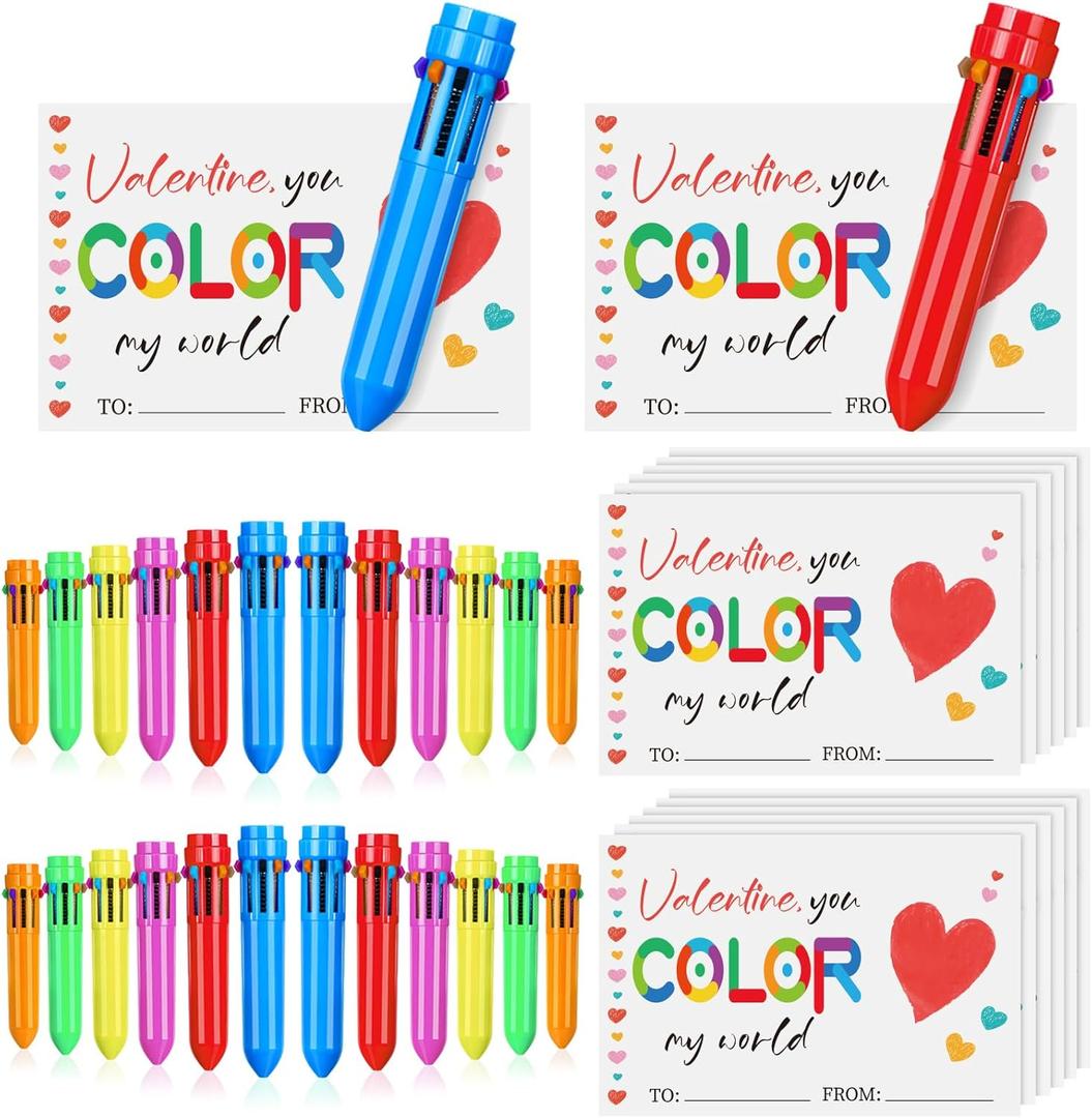 24 Set Valentine Cards and Ballpoint Pen Gift 24 Pcs Mini Shuttle Pens 0.5mm Multicolor Retractable Pens, Greeting Cards for Party Supplies Prize