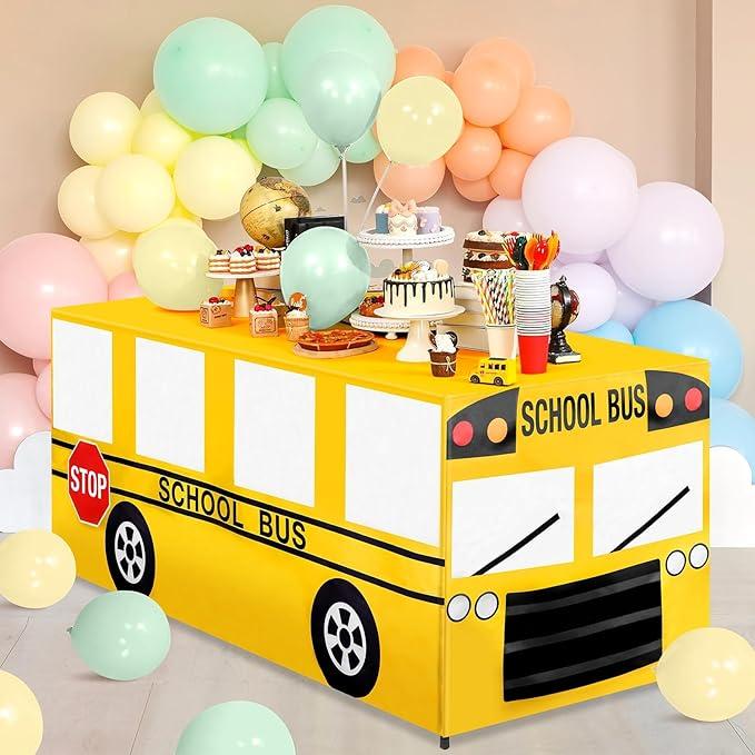 6 Ft School Bus Tablecloths Birthday Party Decorations School Bus Theme Table Cover Washable Fabric Polyester Rectangle Table Covers Protector for School Kindergarten Back to School Party Decorations