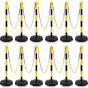 Traffic Delineator Post Cone, Plastic Stanchion Post Set Crowd Control Stands Barrier with 6.6 ft Link Chain and S Hooks for Parking Lot Construction Caution Roads, Yellow, Black (12 Sets)