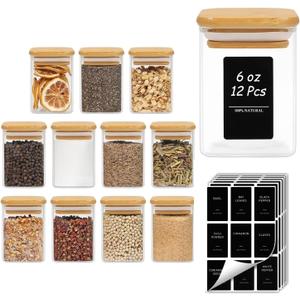 ComSaf Spice Jars with Labels 6 oz 12Pack, Small Spice Containers Starter Set, Glass Seasoning Jars with Lids, Square Seasoning Containers for Salt, Pepper, Chili Powder, Sugar, Ginger Ground, Cumin
