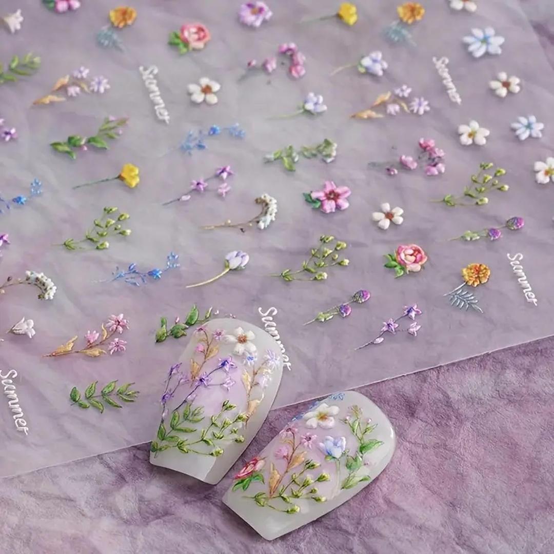 5D Spring Flower Nail Sticker Relief Back Glue Daisy Lavender Nail Art Stickers Self Adhesive Lily Tulip Orchid Designs Nail Decals Spring Nail Art Decorations for Womens Manicure DIY