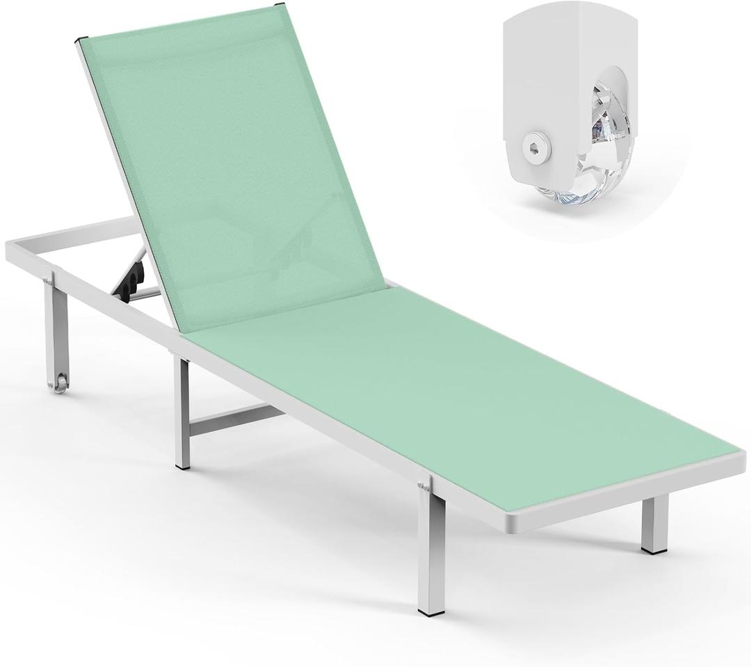 Lounge Chair Outdoor with Wheels, Aluminum Pool Lounge Chairs with 5 Adjustable Backrest, Outdoor Chaise Lounge for Poolside, Deck, Beach (LightGreen), S-1 Pack