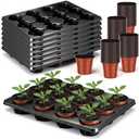 96 Pcs 4 inch Seedling Pots and 8 Pcs 12 Cell Reusable Plastic Nursery Pots Trays Thick Sturdy Seeds Starting Germination Carrying Trays Black Small Planter Nursery Propagation 8 Sets(Black)