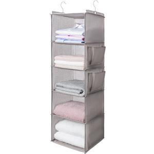 BOOMIBOO Hanging Closet Organize and Shelves, 5-Hanging Shelf with 2 Side Pockets, Storage Foldable (Light Grey）