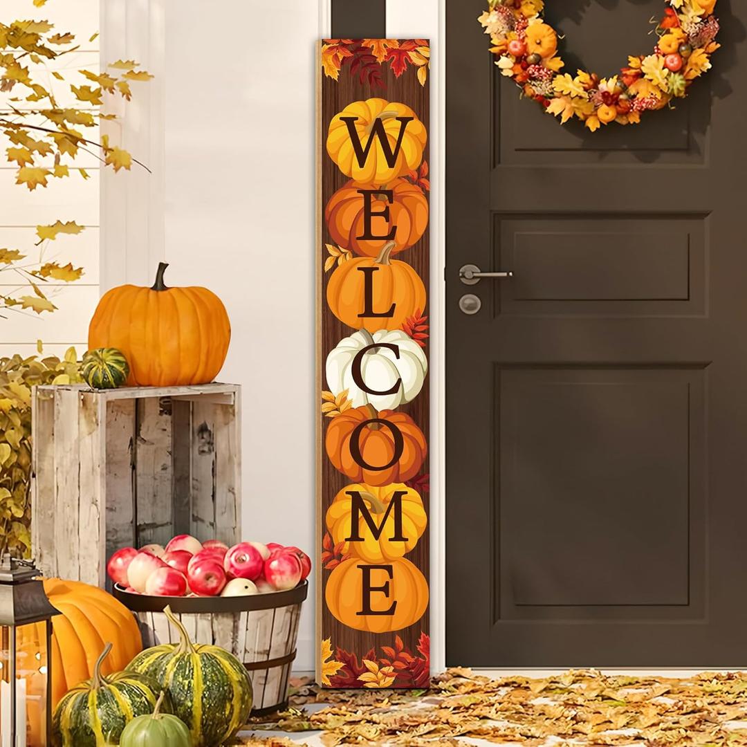 47" Fall Wooden Porch Sign Vertical Fall Welcome Standing Signs Pumpkin Leaves Standing Welcome Porch Sign for Outdoor Autumn Thanksgiving Harvest Home Garden Yard Farmhouse Front Door Decor