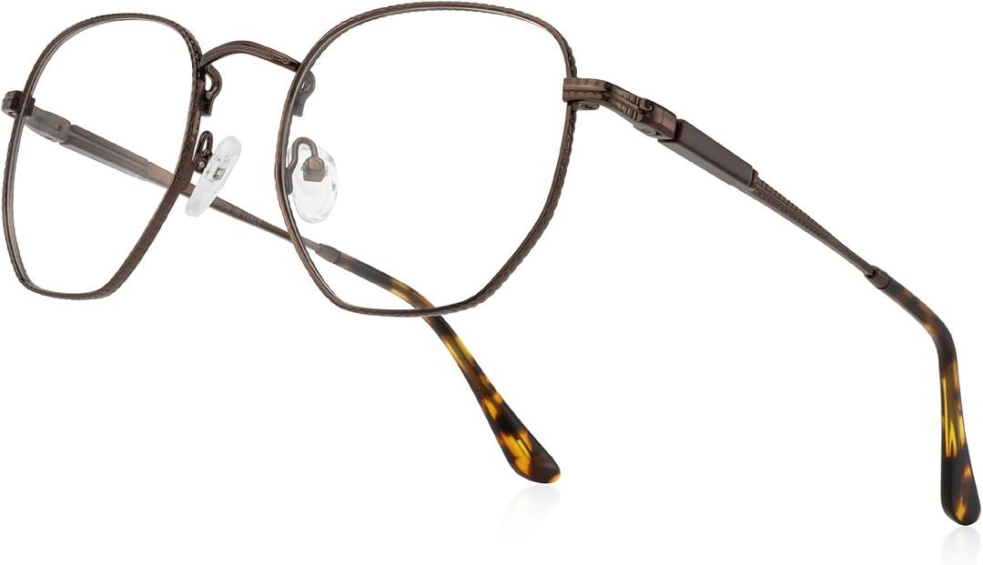 Classic Square Polygon Reading Glasses for Men Women Light Blocking Computer Readers Spring Hinge Metal Frame (Brown)