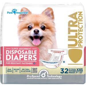 Paw Inspired Disposable Dog Diapers, Female Dog Diapers Ultra Protection, Diapers for Dogs in Heat, Excitable Urination, or Incontinence, XXS 32 Count