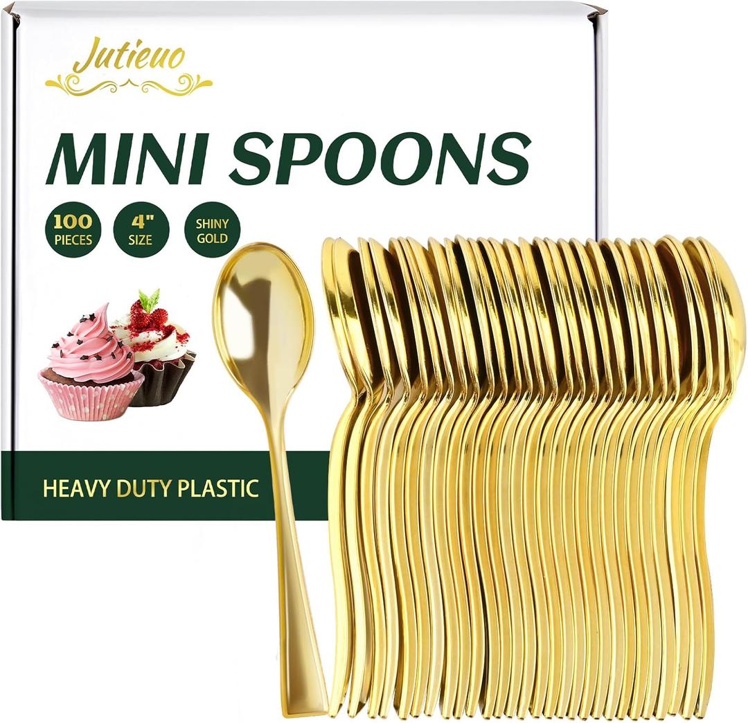 Mini Gold Spoons 4 Inch (100-Count) Disposable Small Plastic Dessert Spoons for Appetizers Tasting, Cocktail Hors D'oeuvres, Charcuterie Board, Wedding Reception
