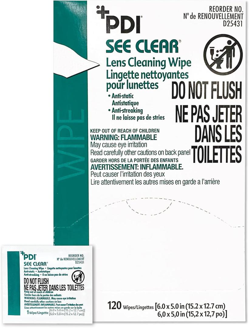 PDI See Clear Lens Cleaning Wipes, Non-Streaking & Anti-Static for Glasses, Eyeglasses, Loupes & Safety Eyewear, 1 Box of 120 Individually Wrapped Packets, Large 6" x 5"