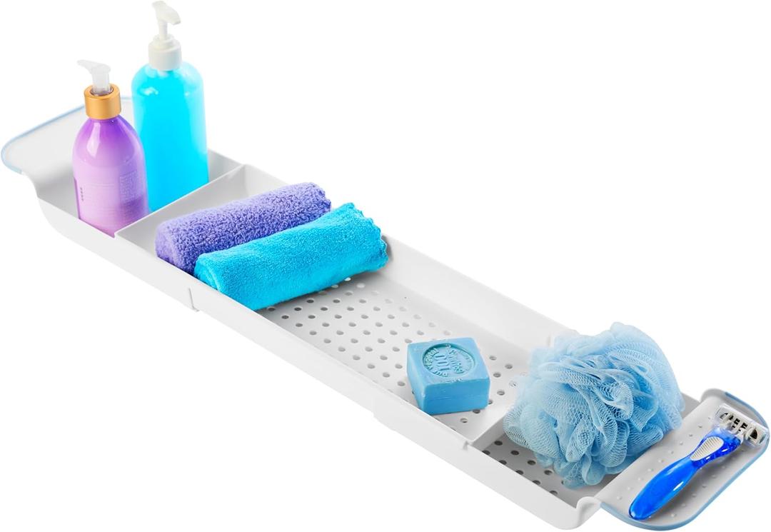 Madesmart Expandable Bath Tray for Bathtubs, Plastic Shower and Bath Shelf Caddy, White, Multifunctional Bathtub Bathroom Organizer (White/Blue)