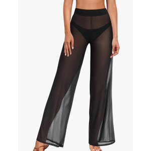 Pinup Fashion Women's Cover Up Pants Crochet Hollow Out Mesh Pants High Waist Swimsuit Beach Bikini Coverup Pants XXL