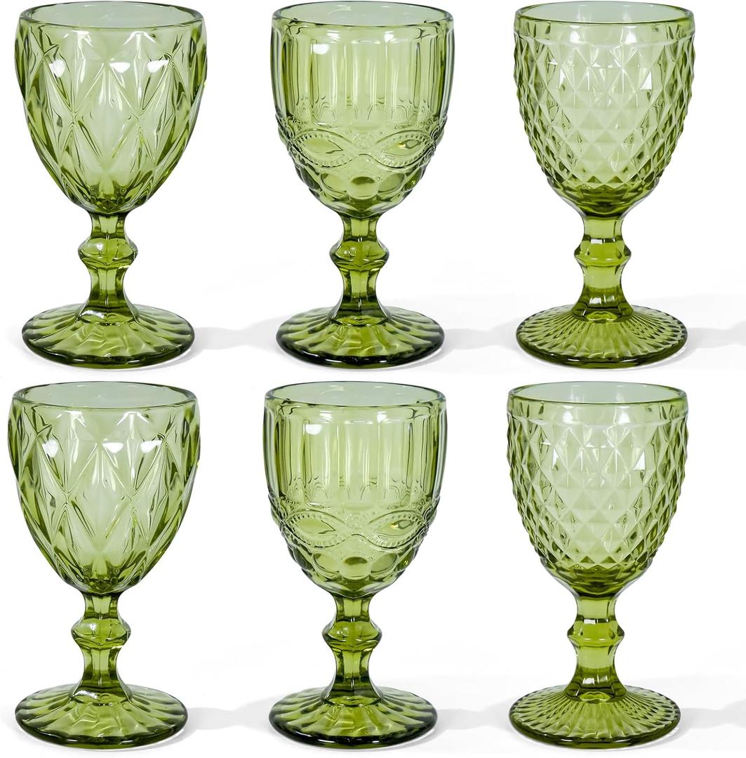 Vintage Wine Glasses Set of 6, 12 OZ Colored Glass Water Goblets, Embossed Floral Decorative Crystal Glass Cups Set, Dishwasher Safe, for Wedding, Party, Red Wine Glass, Bars, Restaurants