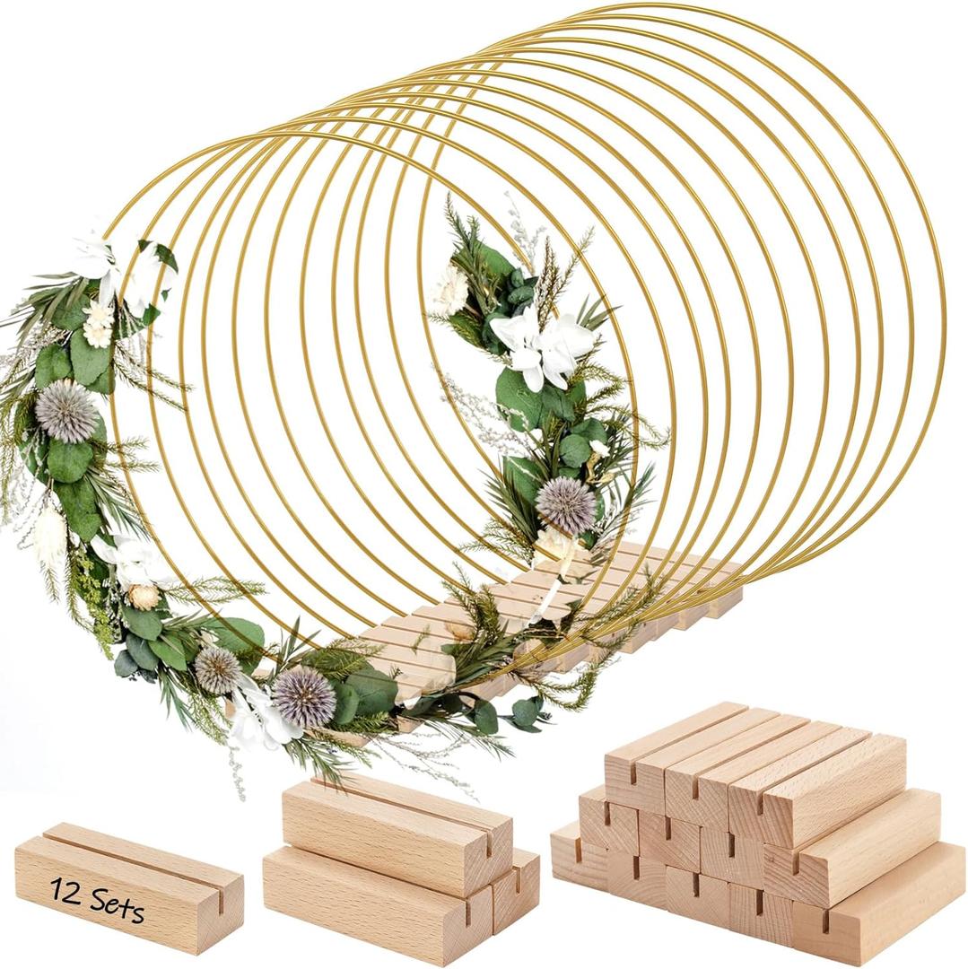 ZOOFOX 12 Pack Metal Floral Hoop Centerpiece with Stand, 12 Inch Large Metal Hoop for Crafts, Wreath Macrame Gold Hoop Rings for DIY Wedding Decor Dream Catcher