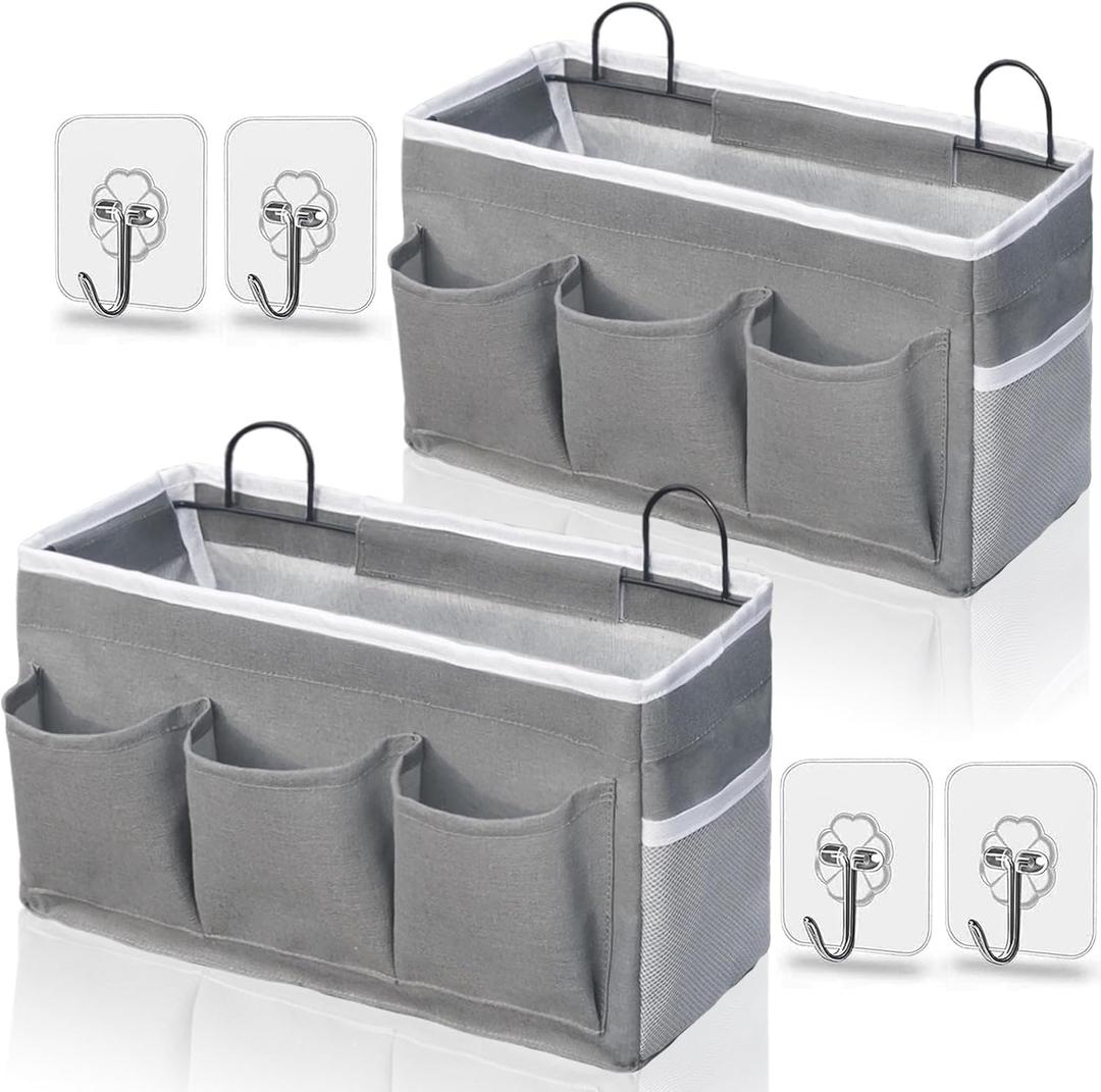 Wall Hanging Organizer Bag, 2-Pack Linen Storage Baskets with Pockets, WallHanging Storage Basket for Bedroom, Kitchen, Office, RV Camper (Gray)
