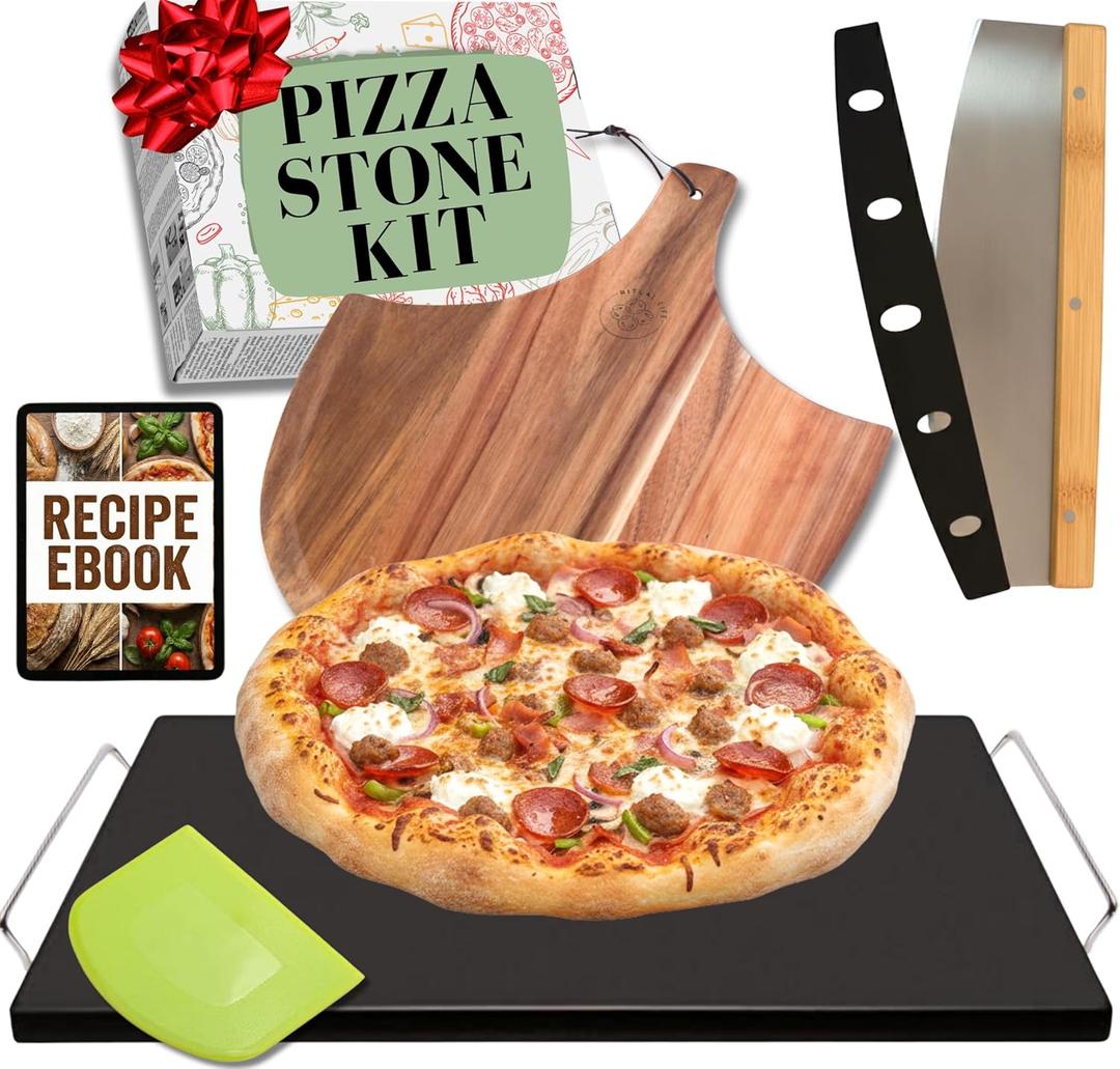 Easy Clean, Non Stick Ceramic Pizza Stone - Pizza Stones for Grill with Handles, Pizza Peel, Pizza Cutter, Dough Tool - Bread Baking Stone - 15 inch Ceramic Pizza Pan - Pizza Oven Accessories Kit