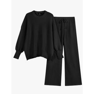 LILLUSORY Women 2 Piece Outfits Sweatsuit Oversized Knit Pullover Sweater Tops Wide Leg Pants Lounge Set, XL