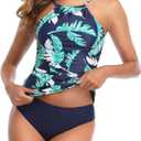 Tempt Me Two Piece Tankini Set Tummy Control Swimsuit for Women High Neck Top with Bottom Bathing Suits Ruched Swimwear (Blue, M)