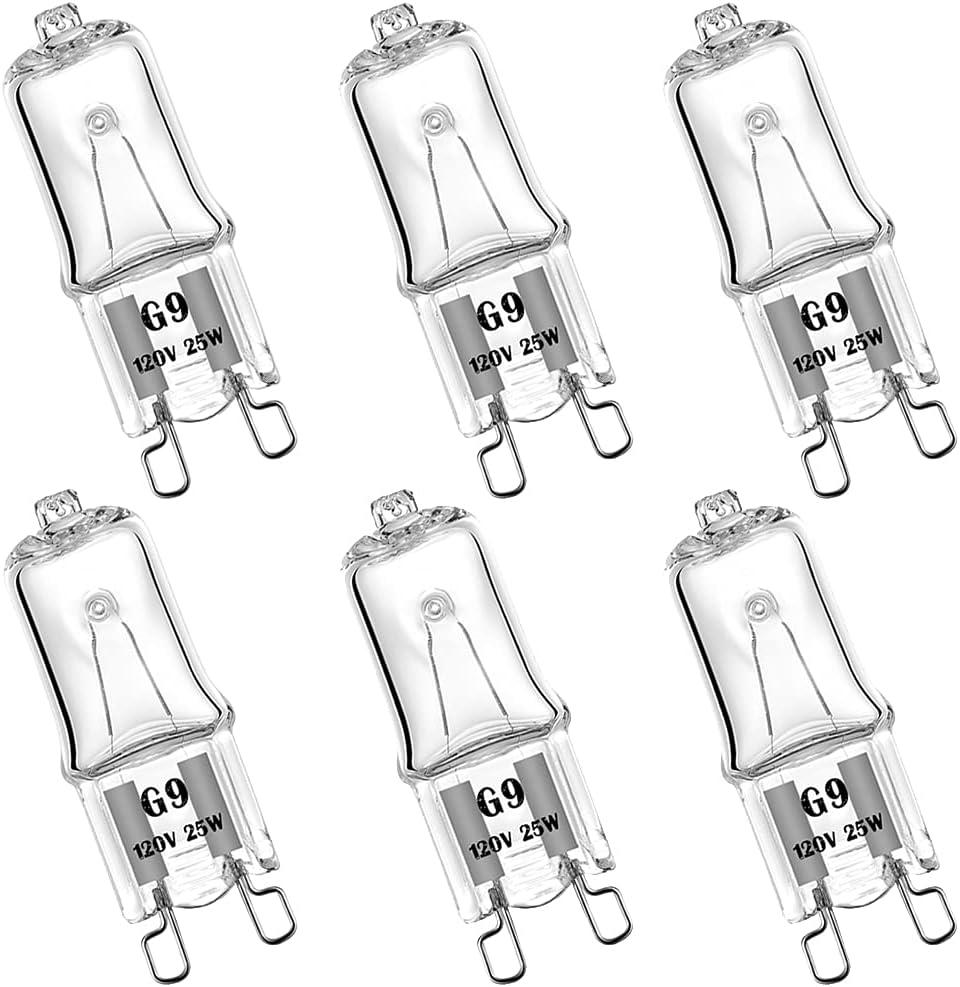YBEK G9 Halogen Bulb 120V 25W T4 Type 2 Pin Base, Replacement for Range Hood Lights, Bathroom Light Bulbs, Microwave Ovens Candle Warmer Light Bulbs, Wax melt Bulbs Dimmable Warm White (6 Pack)